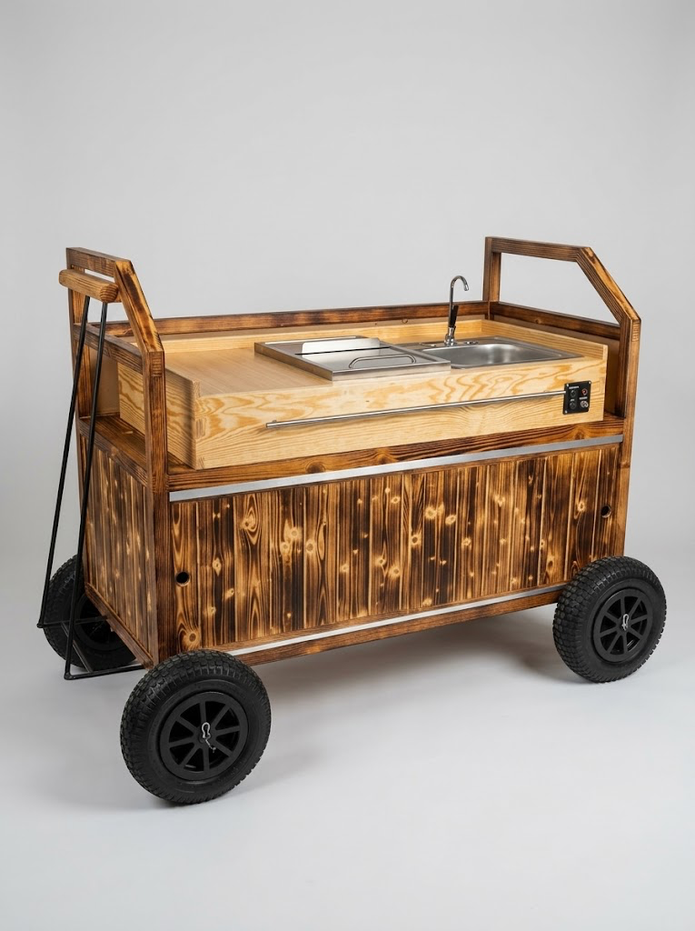 Carro móvil de madera quemada con fregadero y plancha, fabricado en el taller